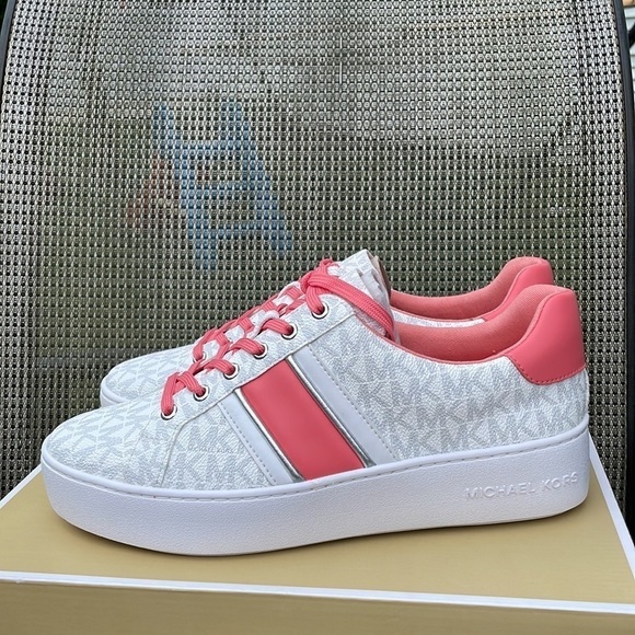 Michael Kors Poppy stripe lace up sneaker shoes bright white grapefruit color - Picture 12 of 14